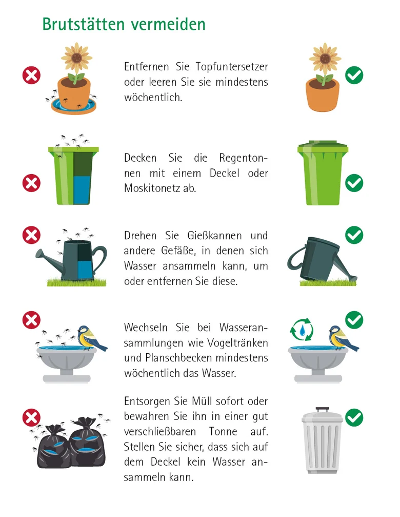 Grafik zeigt mögliche Brutstätten (wassergefüllte Untersetzer, Gießkanne, Regentonne, Vogeltränke und Müll) und wie man diese beseitigen kann (Gefäße umdrehen, beseitigen oder das Wasser regelmäßig leeren).